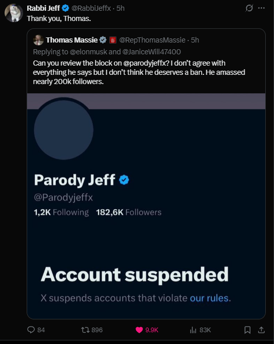 Rabbi Jeff thanks Thomas Massie under a screenshot of the suspended Parody Jeff account